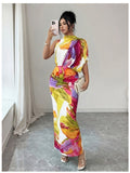 Women's Elegant One-Shoulder High Neck Sleeveless Bodycon Maxi Dress with Ruched Waist & Fit - Machine Washable Suitable for Vacation, Party, Wedding Guest Dress, Evening Date Dress - Multicolor