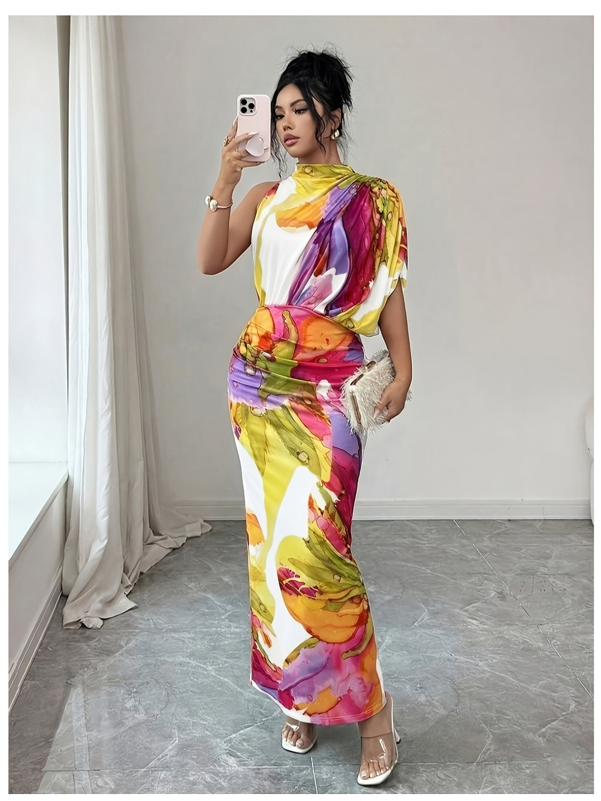 Women's Elegant One-Shoulder High Neck Sleeveless Bodycon Maxi Dress with Ruched Waist & Fit - Machine Washable Suitable for Vacation, Party, Wedding Guest Dress, Evening Date Dress - Multicolor