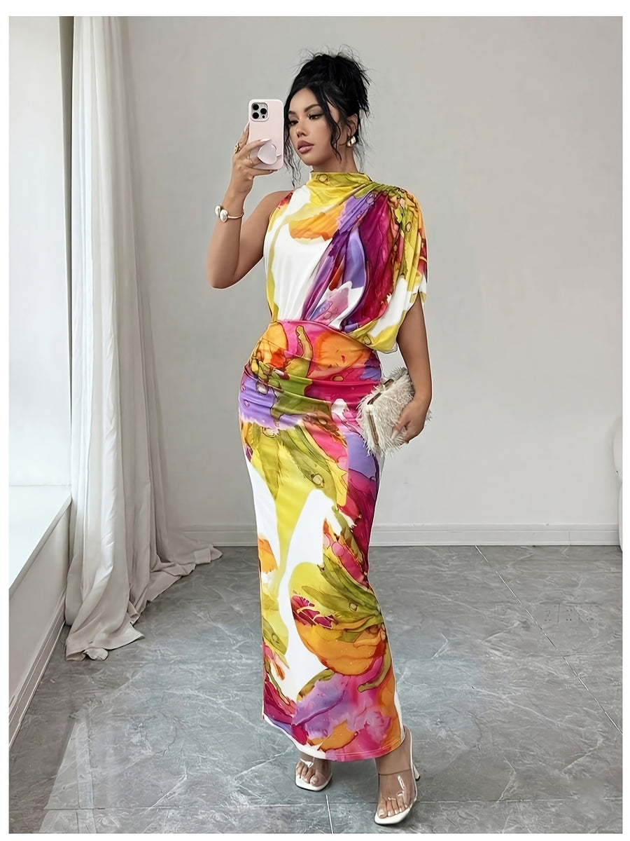 Women's Elegant One-Shoulder High Neck Sleeveless Bodycon Maxi Dress with Ruched Waist & Fit - Machine Washable Suitable for Vacation, Party, Wedding Guest Dress, Evening Date Dress - Multicolor