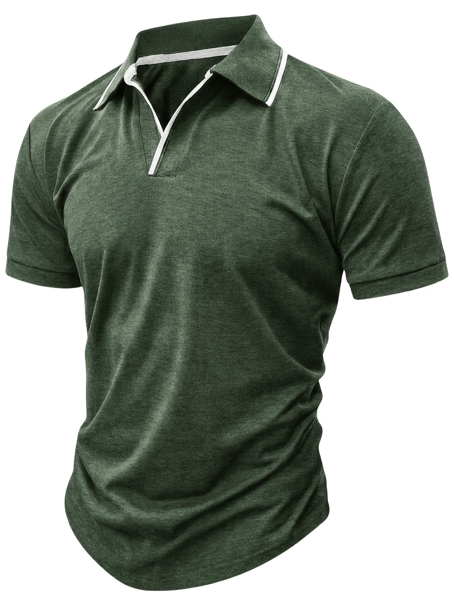 Summer Men'S Short Sleeve T-Shirt, Men'S Business Shirt, Round Neck Lapel Contrast Men'S T-Shirt, Casual Party, Suitable for Various Styles, Travel, Golf, Daily, Suburban Tourism, Family Travel, Parent-Teacher Meeting, Casual Short Sleeve Top, Knit - Deep Green