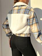 2026 Fall Winter New Plaid Patchwork Plush Short Jacket Women'S Large Lapel White Plush Chest Patchwork Warm Sweet Cool Spicy Vintage Ins Style Premium Sense Influencer Jacket SHP0241 European Size - Sea Blue