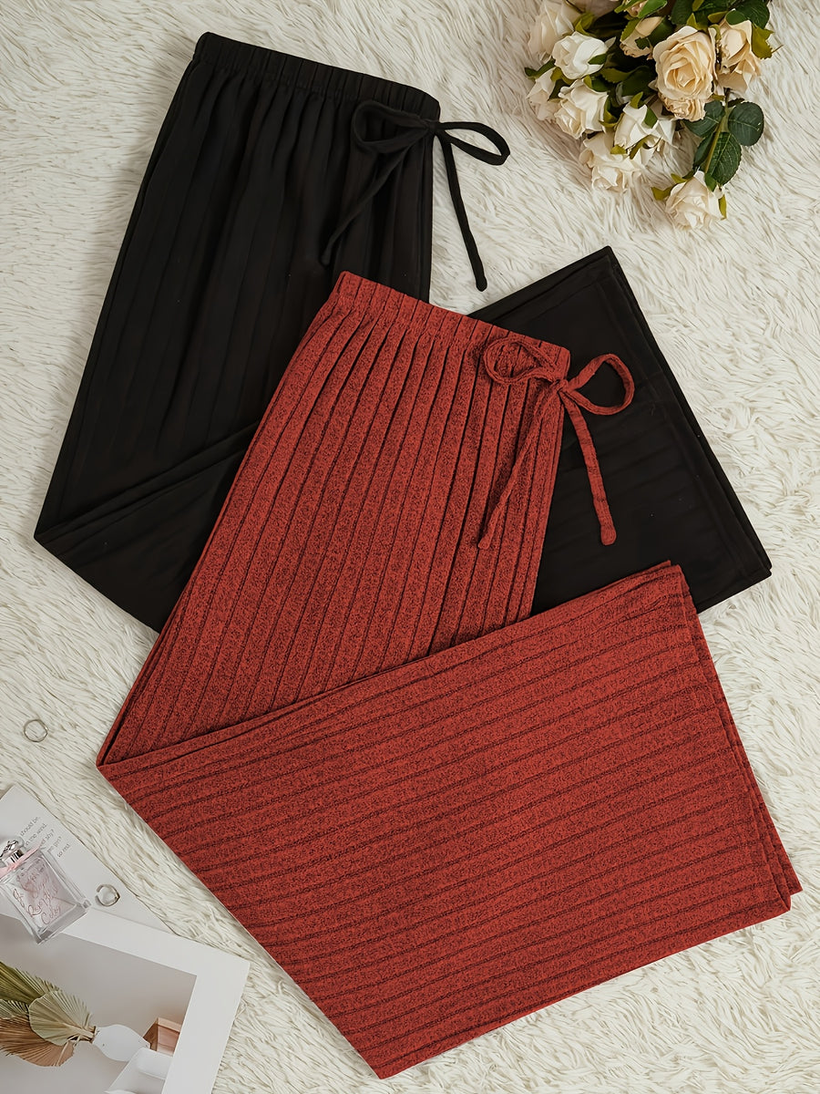Plus Size Solid 2-Pack Ribbed Stretch Casual Wide-Leg Long Pants Home Sleepwear - Multicolor