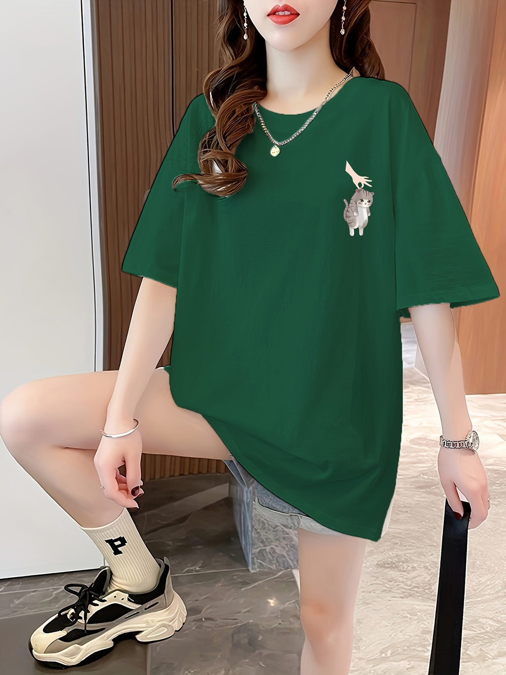 Women's Short Sleeve T-Shirt with Front and Back Print, Pure - Blackish Green