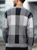 Men'S Casual Color-Block Checkered Design Loose Knit Pullover, Trendy Blocked Long Sleeve Round Neck Sweater, Suitable for Fall Winter Wear, Fashion Statement Piece - Graphite Color