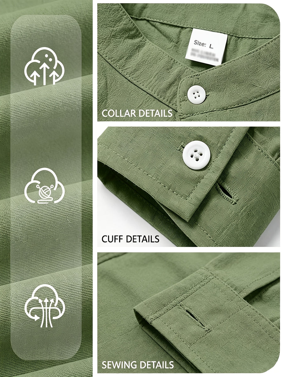 Men's Linen Long-sleeve Shirt, Small Stand-up Collar Button- Casual Shirt, Solid Color Simple and Versatile Style, Suitable for Spring and Autumn Outdoor Activities, Travel and Vacation, and Daily Commuting Wear - Olive Green