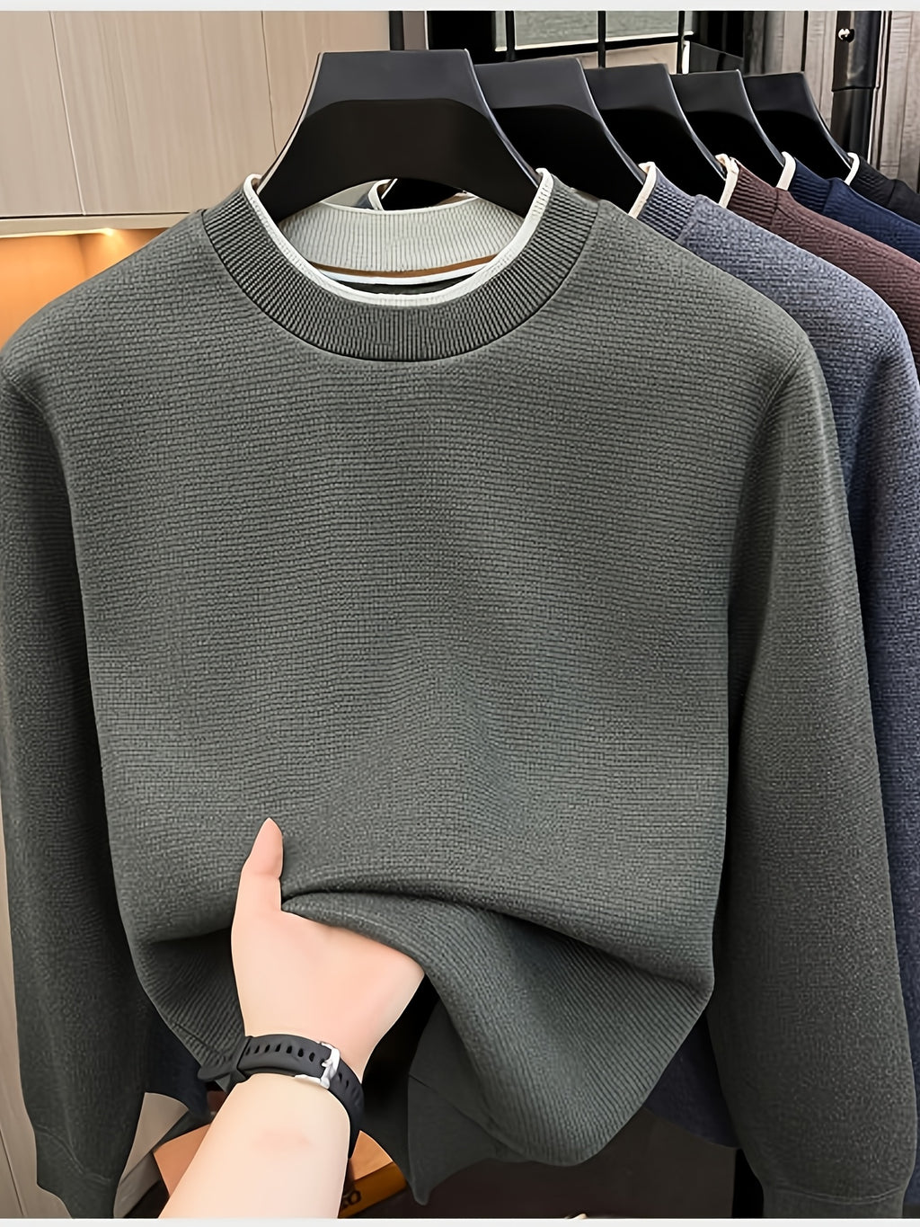 Men'S Round Neck Knit Sweater, Gray Contrast Trimmed Collar Long Sleeve, Light Business Style, Regular Fit for Fall/Winter, Suitable for Layering And Casual Outings - Lime Green