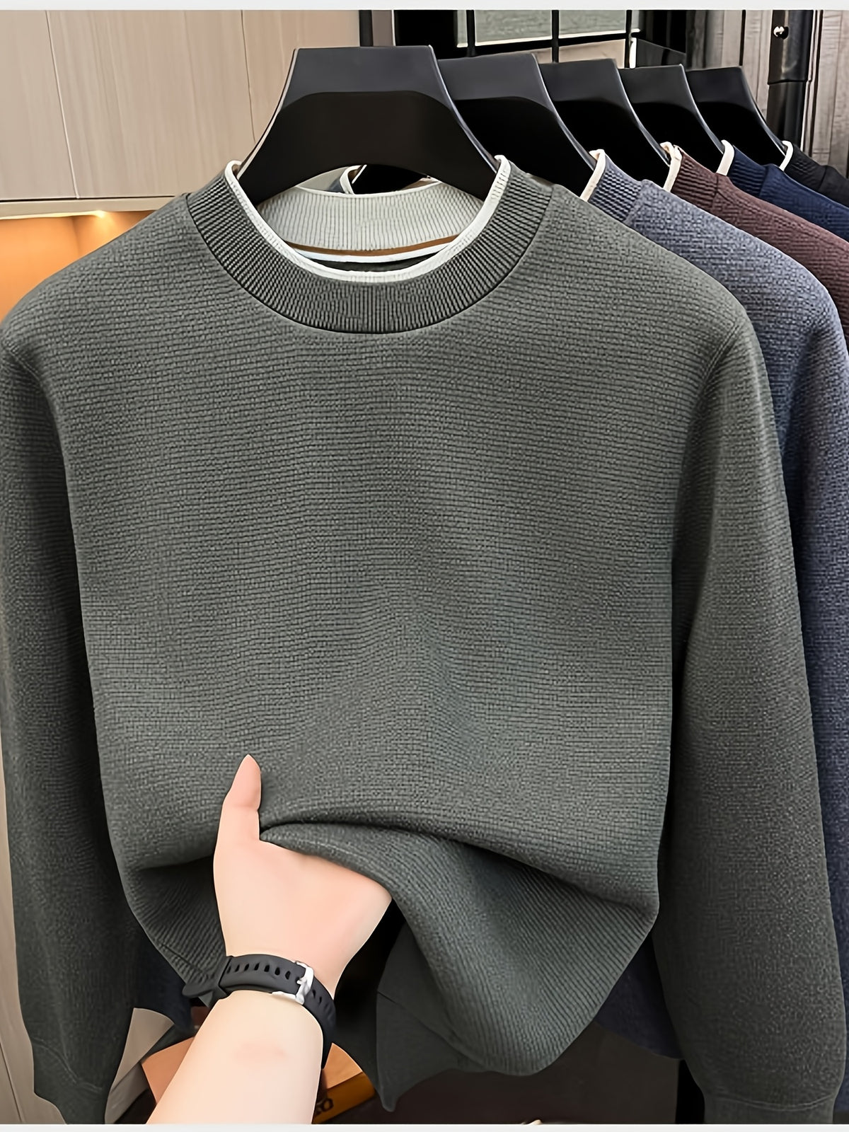 Men'S Round Neck Knit Sweater, Gray Contrast Trimmed Collar Long Sleeve, Light Business Style, Regular Fit for Fall/Winter, Suitable for Layering And Casual Outings - Lime Green