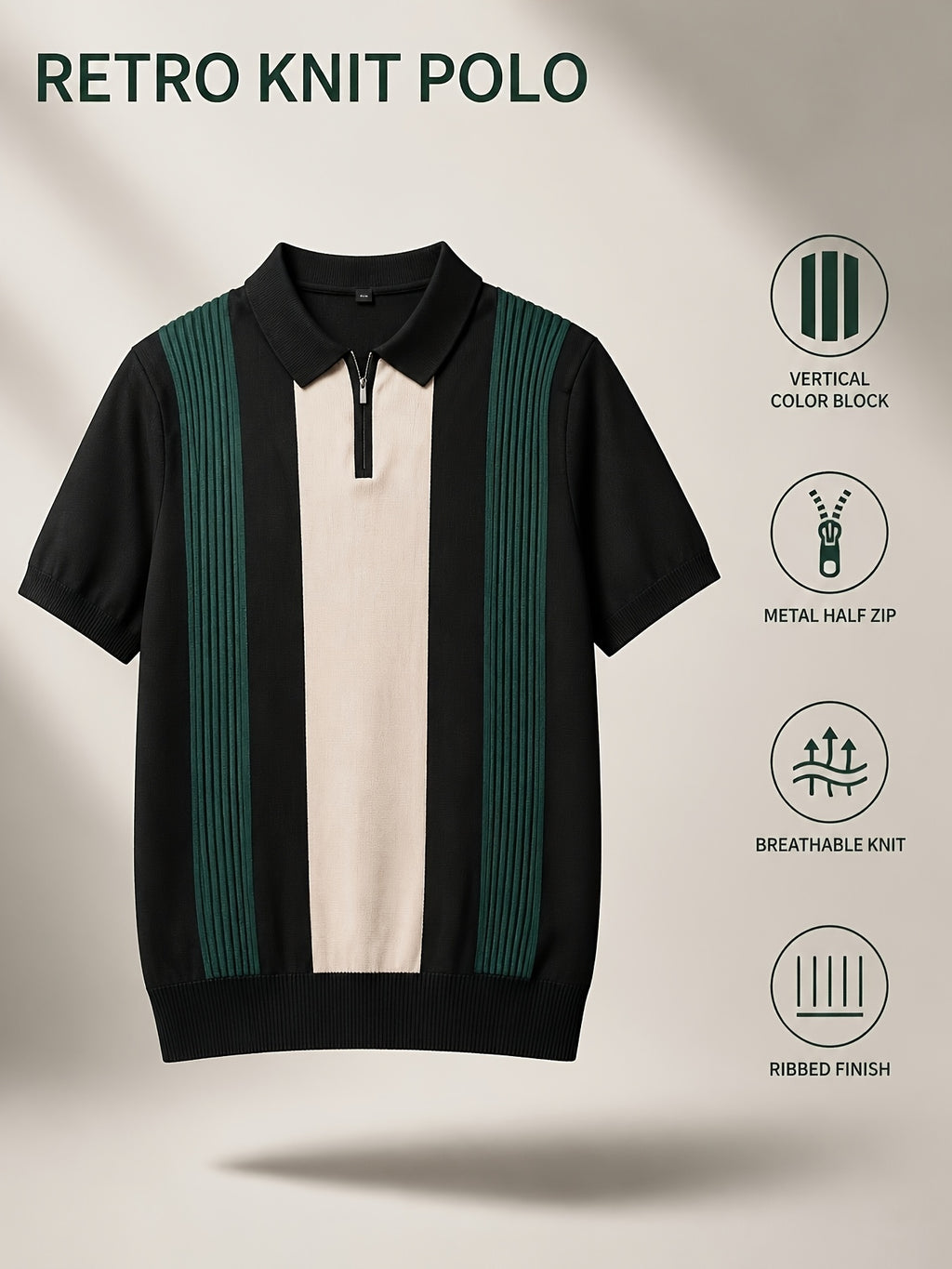 Old Money Style Men's Half-Zip Contrast Color Vertical Stripe Knit Polo 2pcs Set, Ice Silky Fiber Fabric, Breathable Business Casual Short-Sleeve Suit Sweater - 2PACK-BB