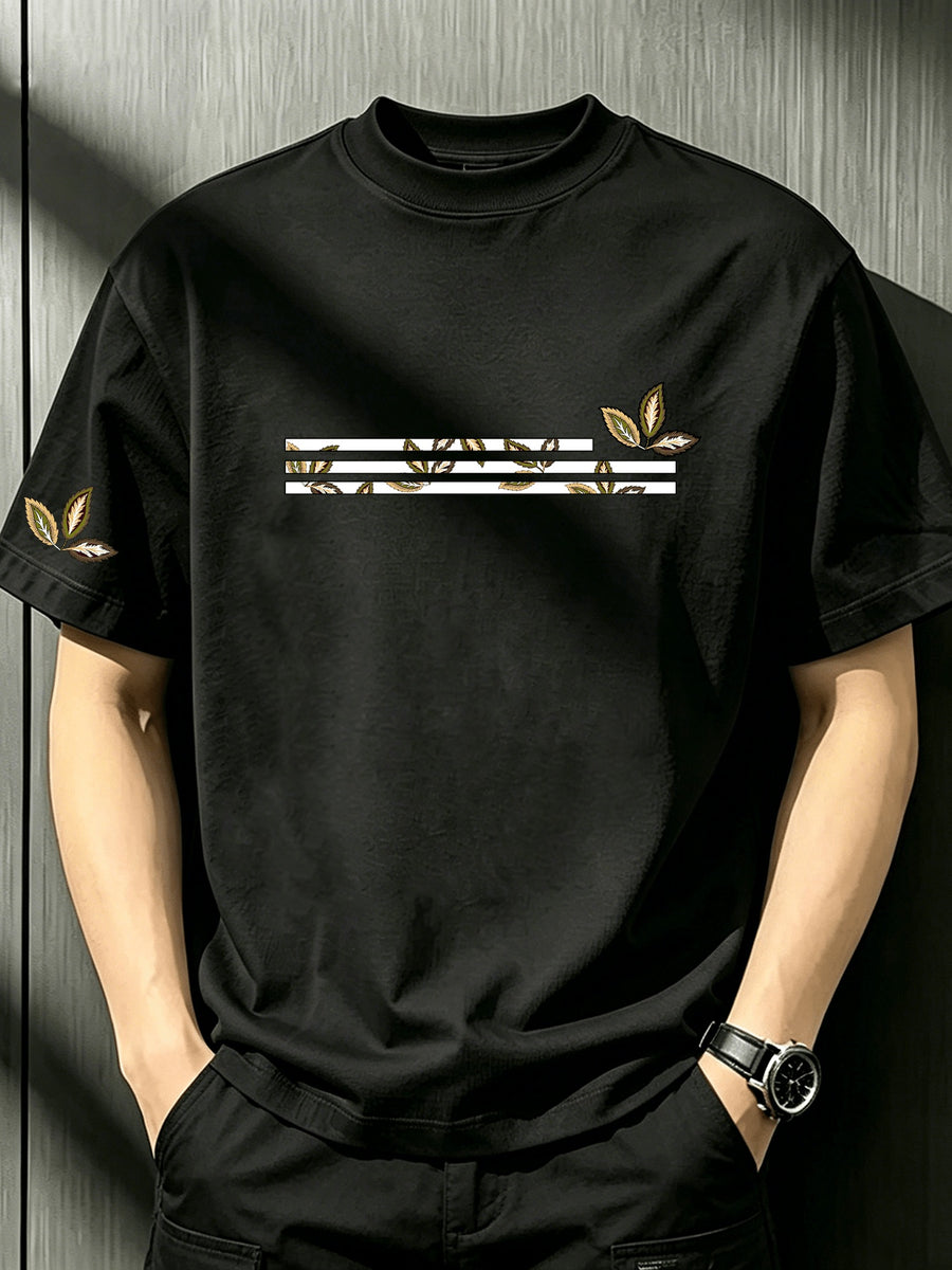 Men's Retro Brown-Tone Fallen-Leaf Geometric Line Print Short-Sleeve T-Shirt Dual-Position Print On Chest & Sleeve Casual Crew Neck Top-Summer Loose Breathable Crew Neck Base Short Sleeve - Black