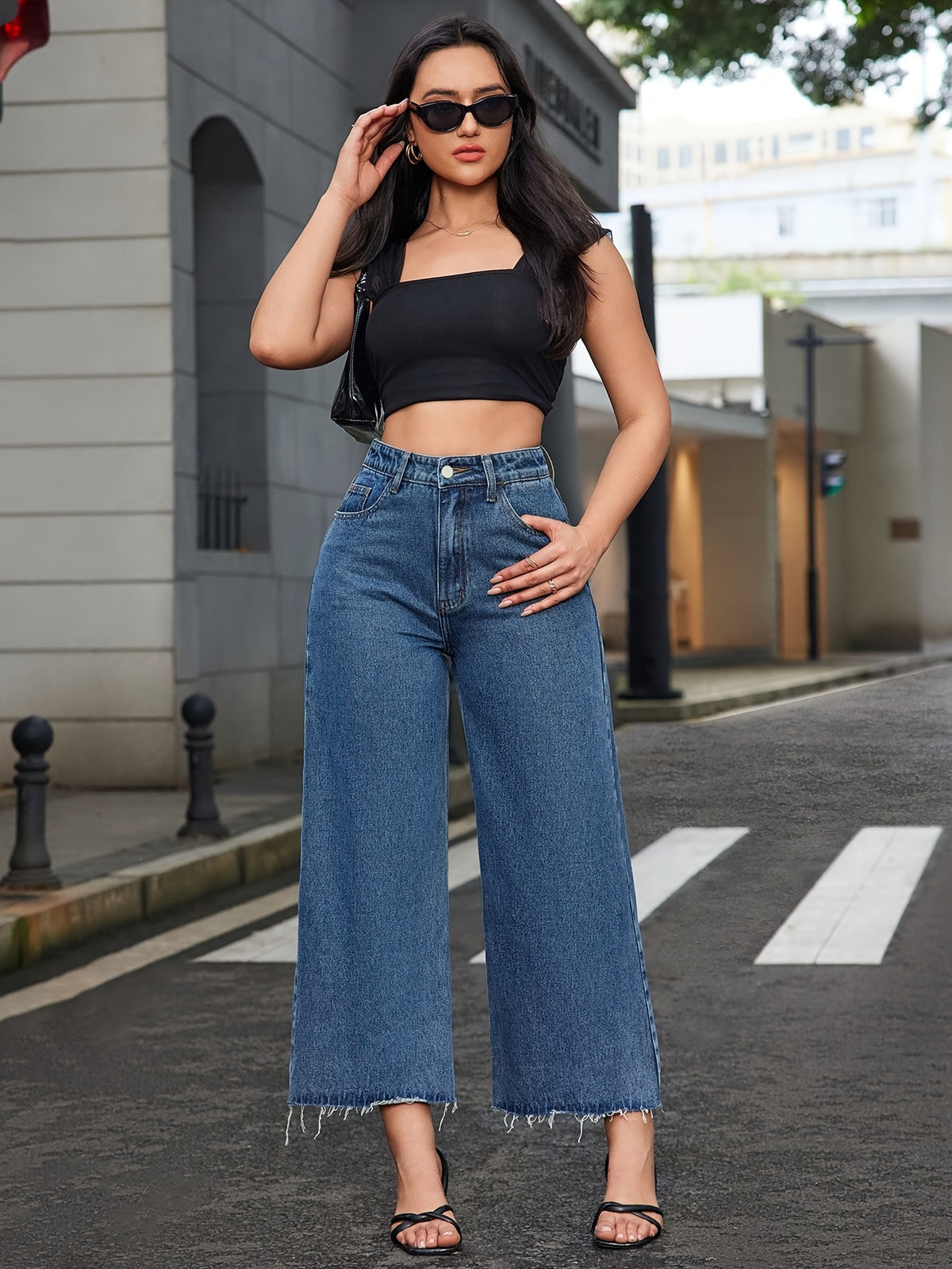 High-Waisted Wide-Leg Pants with Fringe Hem - Full-Length Loose-Fit Jeans, Casual & Dressy Outfits, Machine Washable for - Wear (Suitable for Jeans & -Casual Outfits) - Medium Blue