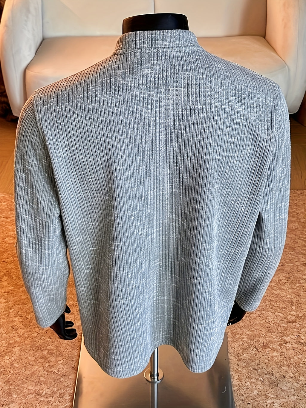 Autumn/Winter Striped Men's Loose Long Sleeve Casual Stand Collar -Lined - Gray Green