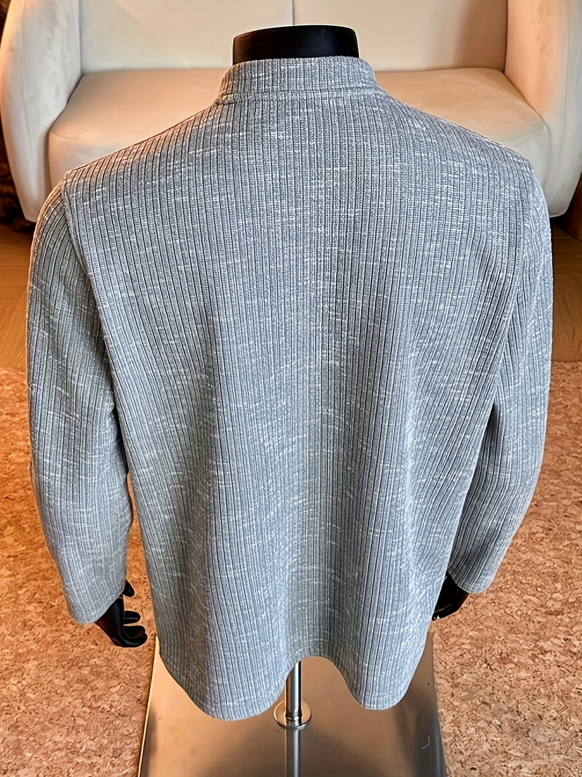 Autumn/Winter Striped Men's Loose Long Sleeve Casual Stand Collar -Lined - Gray Green