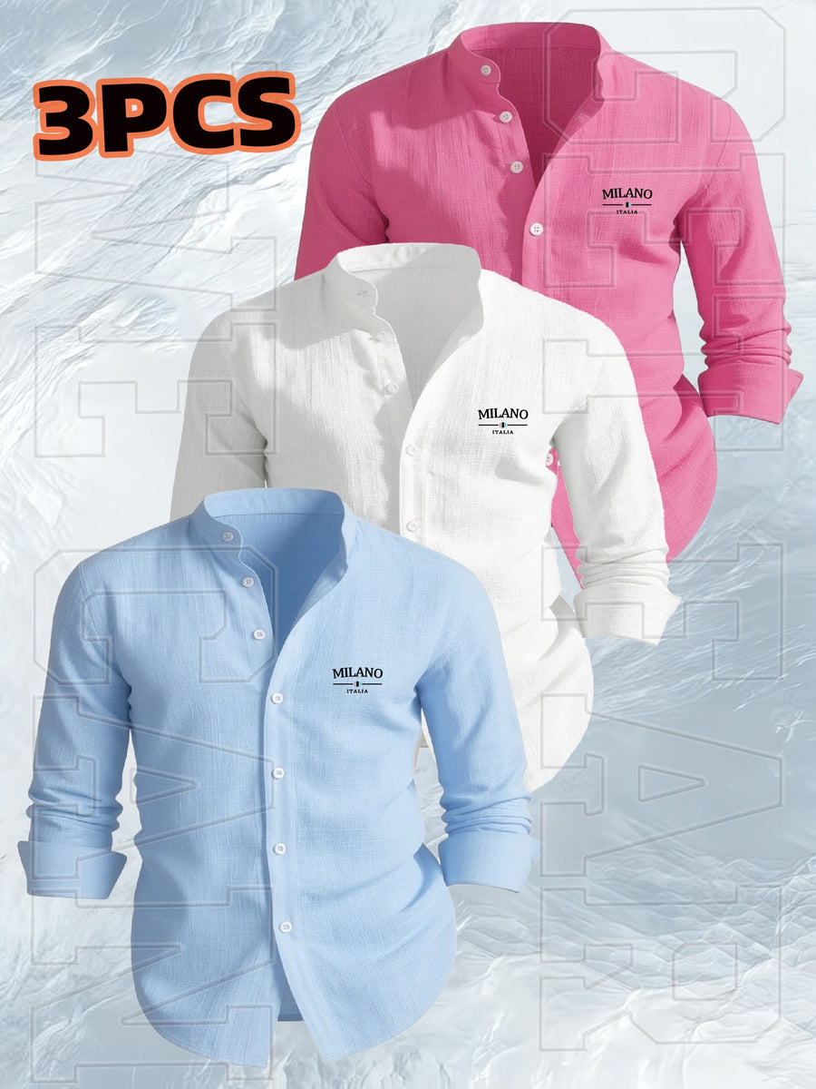 [Qiaoximei OBM] 3pcs Set, Men'S Clothing New Stand-Collar Solid Color Faux Linen Long Sleeve Shirt, Geometric Pattern Stand-Collar Easy Design, Spring Autumn Winter High-Quality Men'S Long Sleeve Stand-Collar Button-Up Shirt - Suitable for Outdoor L - Sky Blue + White + Lotus Root Pink