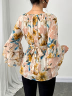 Women'S Summer Elegant Top, Chiffon Floral Print Layered Ruffle Sleeve, Waist Tie Festival Outfit, Holiday Vacation Wear Shirt - Apricot Flower