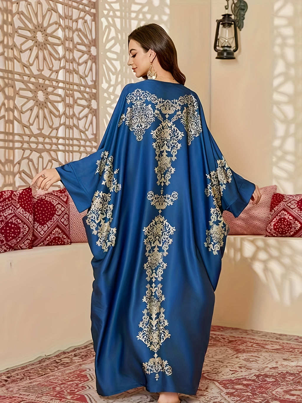 Plus Size, Women's Paisley Print Robe Dress - Long Batwing Sleeves & Maxi Length, Middle Eastern Elegant Gown for Wedding Guest, Party, Cultural Events (Non-Stretch Suitable for Spring/Fall) - Royal Blue