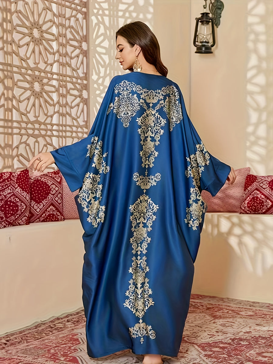 Plus Size, Women's Paisley Print Robe Dress - Long Batwing Sleeves & Maxi Length, Middle Eastern Elegant Gown for Wedding Guest, Party, Cultural Events (Non-Stretch Suitable for Spring/Fall) - Royal Blue