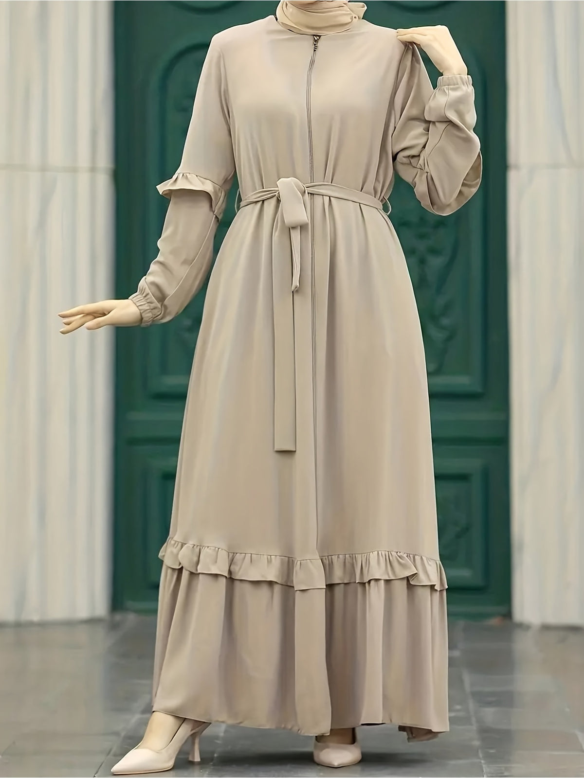 Soft Dress with a Zip Front And Ruffle Details for Ramadan, Featuring Elegant Long Sleeves And a Belted Waist, Designed for Women - Khaki