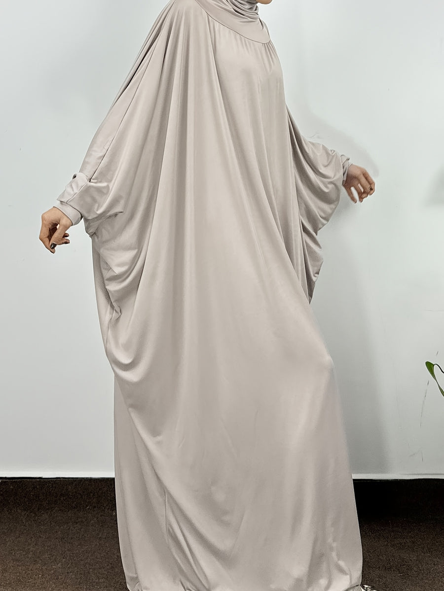 Muslim Smocking Sleeve One-Piece Prayer Robe Hooded Islamic Dubai Saudi Robes Turkish Modesty - Grey