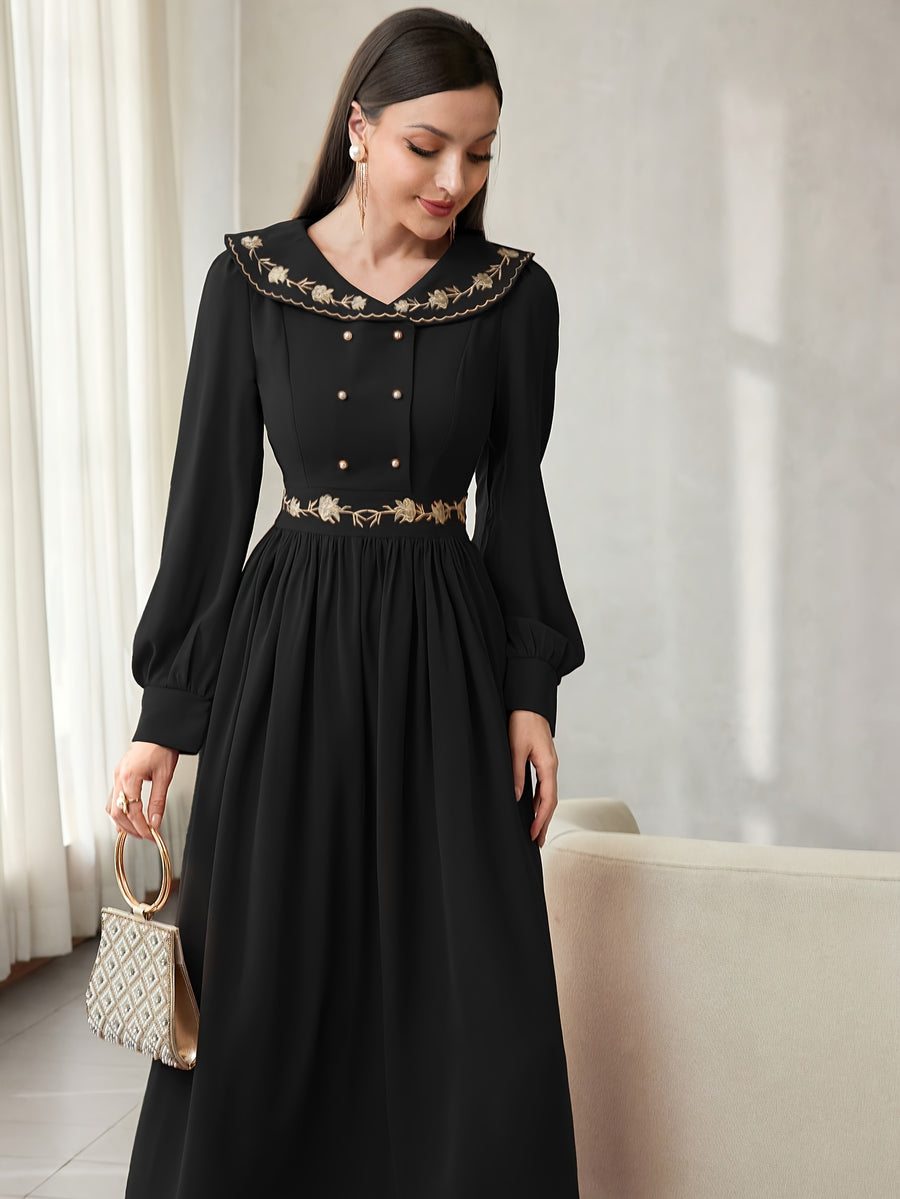 Vintage Lapel Heavy Craft Embroidered Long Sleeve Dress - Black