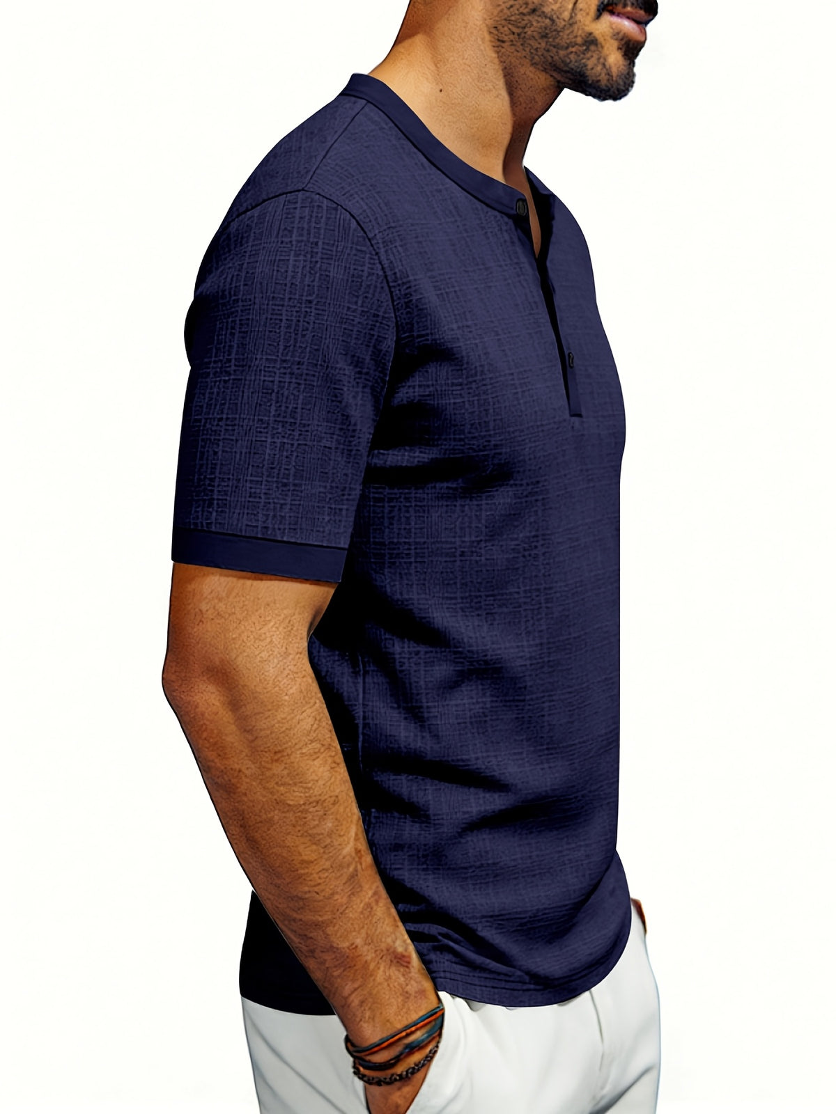 Men'S Loose Casual Henley Short-Sleeve Shirts for Summer - Navy Color