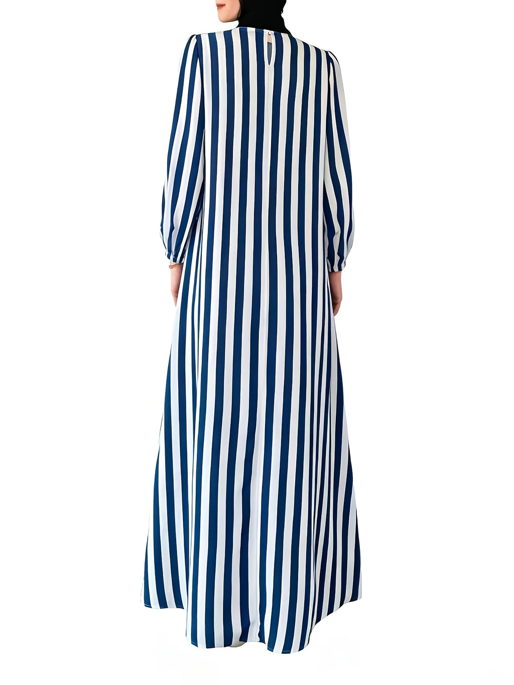 Vintage Robe Dress with Asymmetrical Lantern Sleeves & Striped Patchwork - Maxi Length Full-Length Dress Suitable for Spring Summer Fall, Machine Washable Elegant Robe for Weddings, Church Events, Special Occasions - Blue