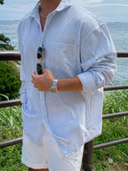 Men's Blue Striped Long-sleeve Shirt, Spring/autumn Style - Blue