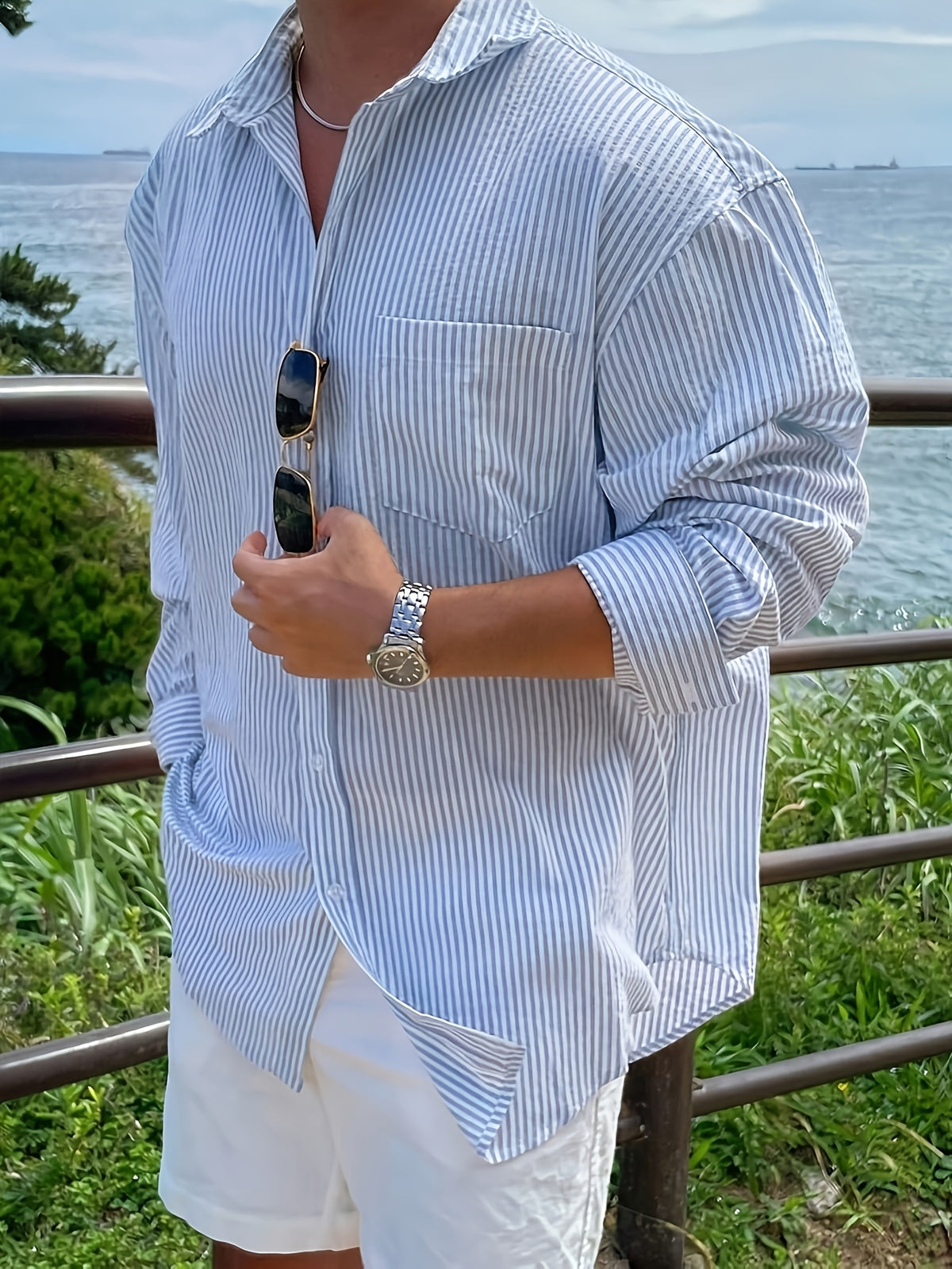 Men's Blue Striped Long-sleeve Shirt, Spring/autumn Style - Blue