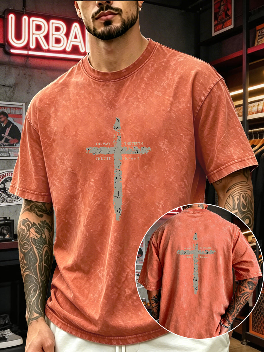 Men's Heavyweight T-Shirt Washed Distressed Fashion Print 2026 Summer New Urban High Street Hiphop Style Vintage Acid Wash Casual Gym Workout Top Pure Cotton Breathable Base Shirt - Orange