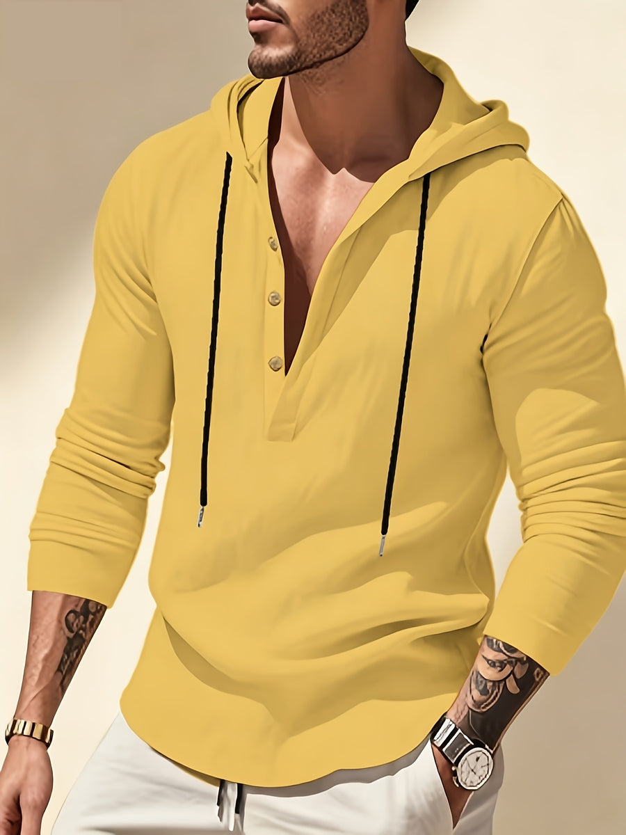 Men'S Linen Hooded Drawstring Henley Shirt Breathable Skin-Friendly Anti-Wrinkle Drape Daily Commute/Outdoor Leisure/Light Exercise Drawstring Hood And Button-Up Placket Loose All-Match Multi-Color Optional - Yellowish-brown