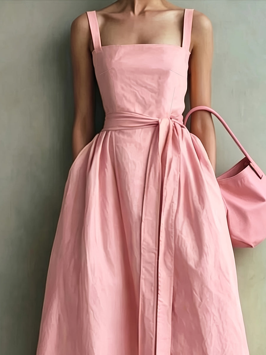 Simple Style Sleeveless Waist-Cinching Dress for Women, Summer Maxi Flared Bridesmaid Dress Gown - Pink
