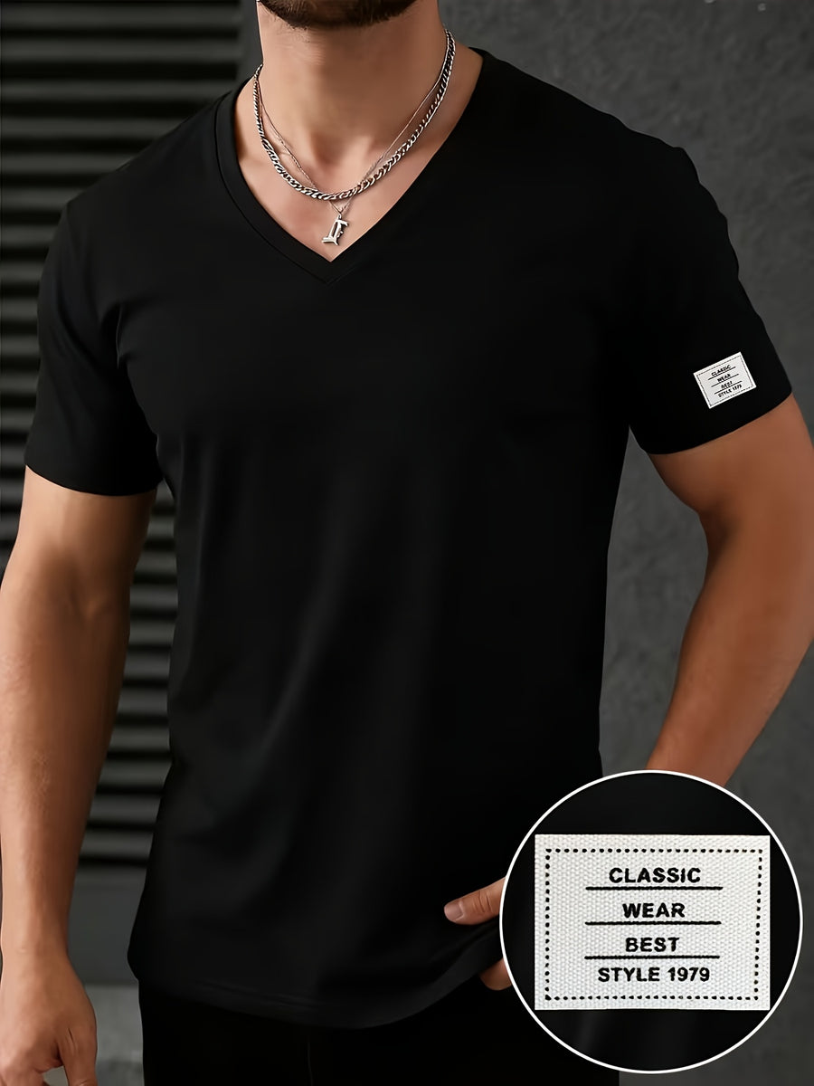 Men'S Patchwork V-Neck Short Sleeve T-Shirt, Suitable for Summer Outdoor Casual Wear, Casual Versatile Knit Top - Black