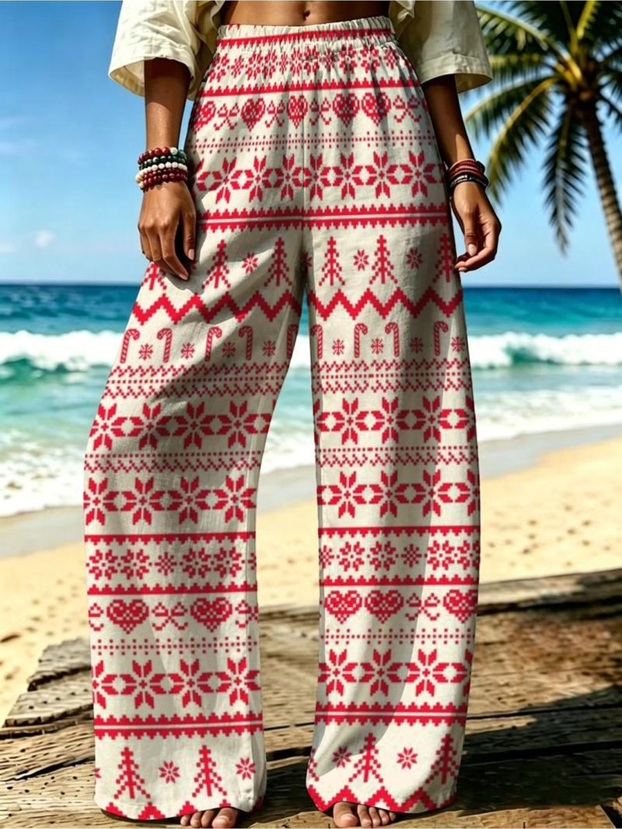 Women'S Casual Wide-Leg Pants, Retro -Look Christmas Pattern, Ideal for Women Who Love Atmospheric Style, Suitable for Holiday Outings, Shopping, And Various Occasions [Printed Design - No Texture] - Mixed colors