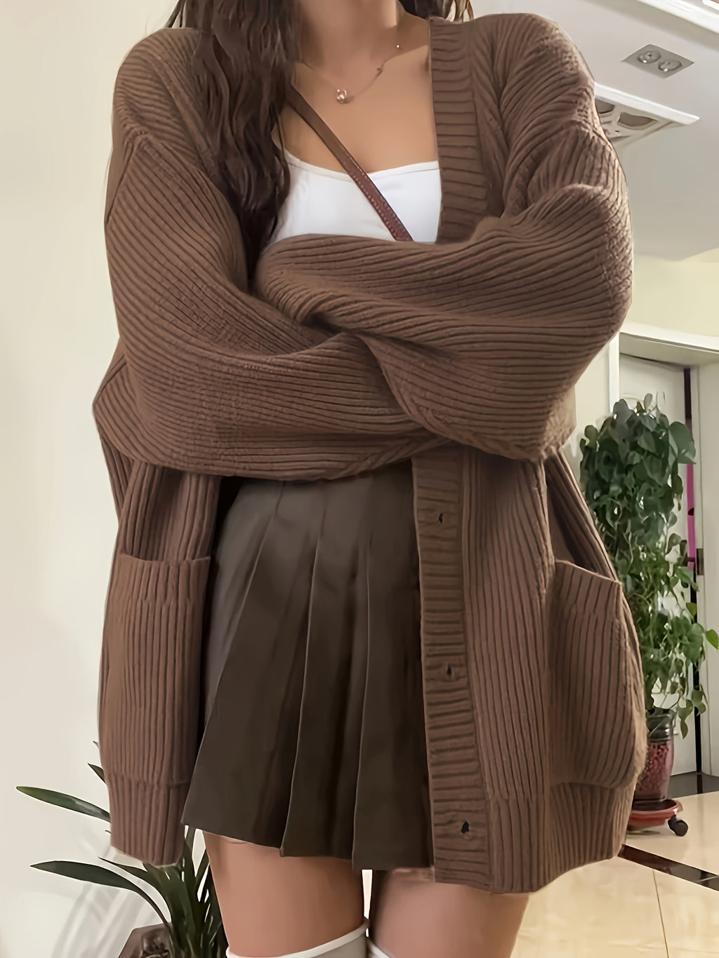 Casual V-Neck Single-Button Sweater Women'S Autumn Winter Cardigan - Coffee Color