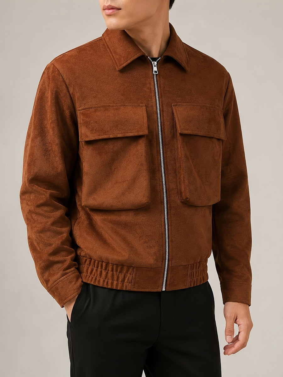 1pc Men's Vintage PU Coated Casual Jacket with Polyester Lining, Classic Turn Collar, Front Zip Closure, Dual Flap Chest Pockets, Snap Cuffs and Elastic Hem for Daily Commute, Campus, Travel, Spring and Fall Wear - Khaki