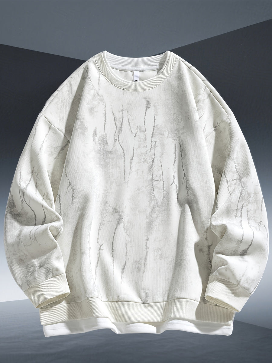 Autumn And Winter New Men'S Trendy Round Neck Sweatshirt, 320 Gram Blend Tie-Dye Sweatshirt, Fashionable Fake Two-Piece Pullover - White Apricot