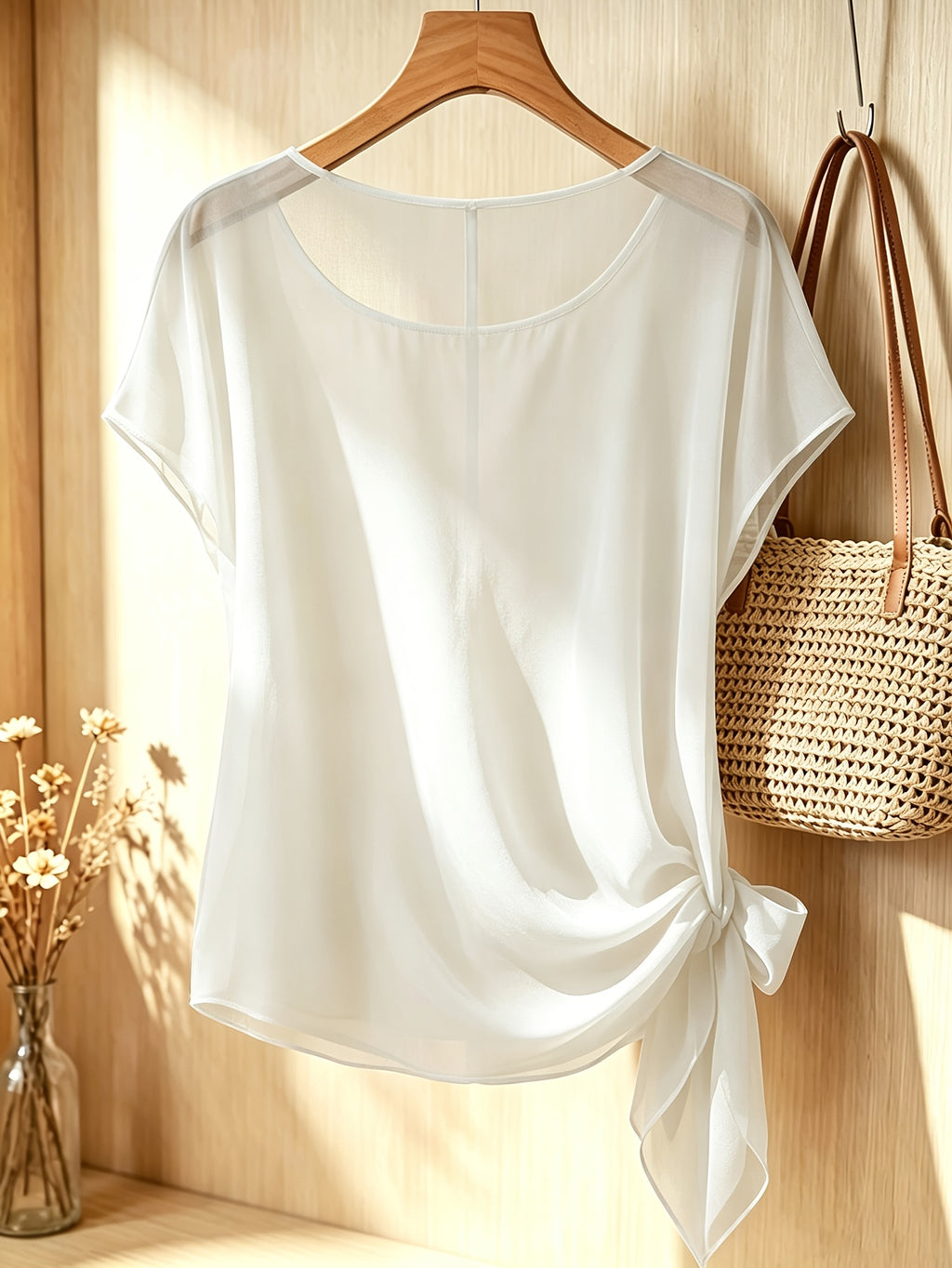 Spring Summer Women'S Fashion Ruffled Waist-Cinching Irregular Hem Temperament Elegant Style Chiffon Short Sleeve Top - White