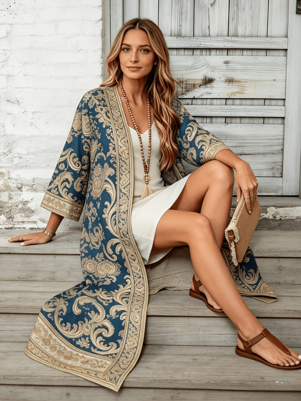 Women's Elegant Printed Long Cardigan Trench Coat Top - Mixed colors