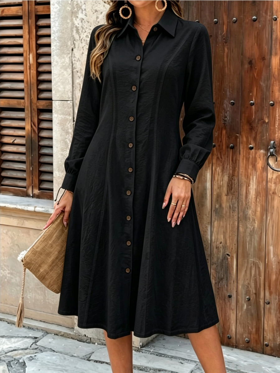Women'S Elegant Solid Color Long Sleeve Dress, Fashionable Button-Detail Waist-Cinching Mid-Length Dress - Black
