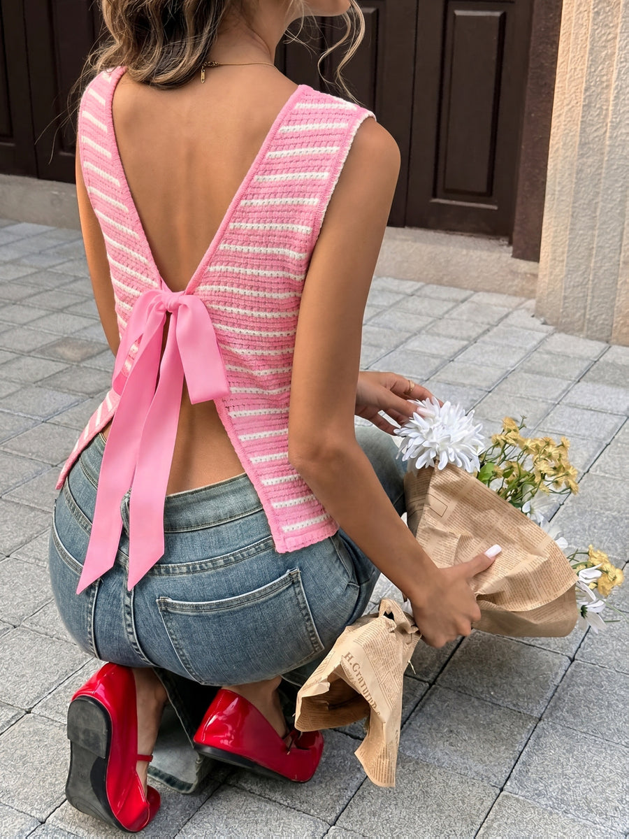 Summer Elegant Commute Vacation Date Back Contrast Bow Stripe Round Neck Sleeveless Vest Women'S Clothing - Pink