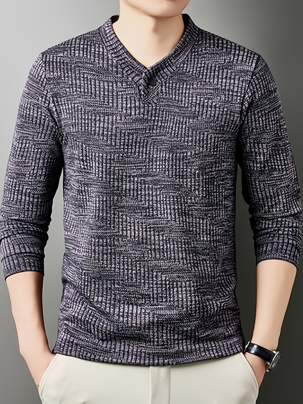 Men's Henley Collar Single-Button Long-Sleeve T-Shirt, Textured Jacquard Knit Top, Spring/Autumn Business Casual Daily Commute Base Layer Shirt - Purple