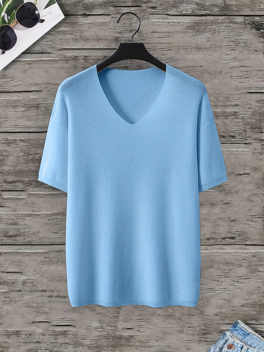 Men'S Loose-Fitting Short-Sleeve Pullover with a V-Neck And Dropped Shoulders, Knit - Sky Blue