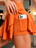 Women's Casual Solid-color Skirt-pants, Elastic High-waisted Tummy-control Midi Skirt with Built-in Safety Shorts, Fashionable Solid-color Versatile Style for Outdoor S,, And - Orange