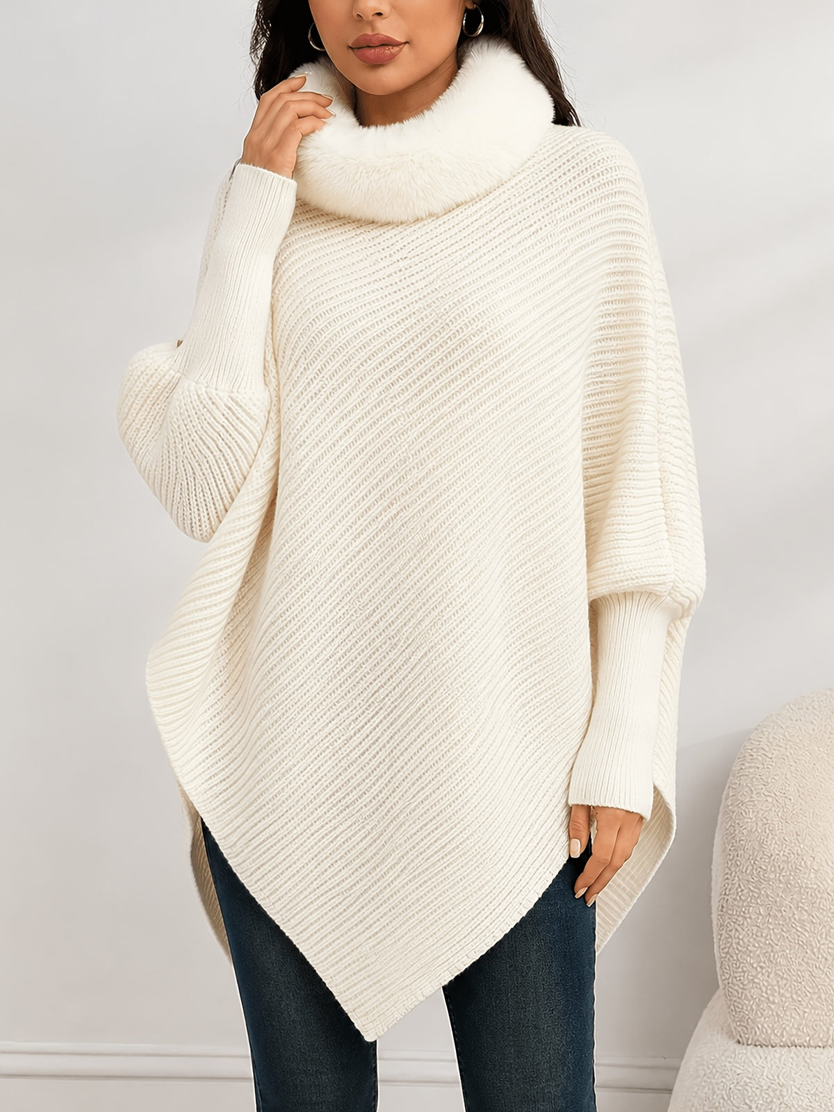Elegant Special "Clean Line Bust" Casual and Elegant Solid Color Batwing Sleeve Textured Ribbed Crew Neck Detachable Collar Shawl Cardigan for Women, Asymmetrical Hem Loose Pullover, Suitable for Autumn/Winter Layering, Versatile for Outdoor - White