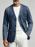 Men'S Casual Washed Non-Faux Denim Collarless Long Sleeve Single-Breasted Jacket - Sea Blue