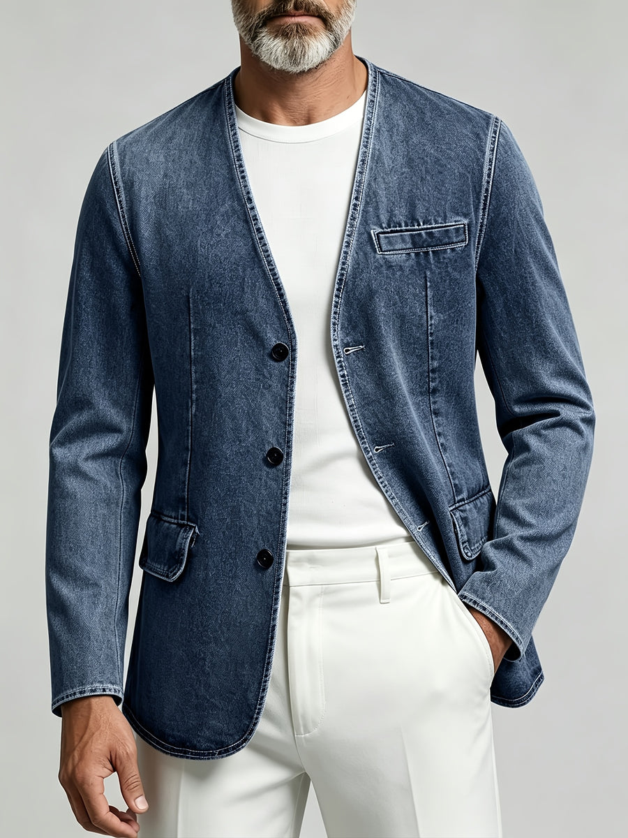 Men'S Casual Washed Non-Faux Denim Collarless Long Sleeve Single-Breasted Jacket - Sea Blue