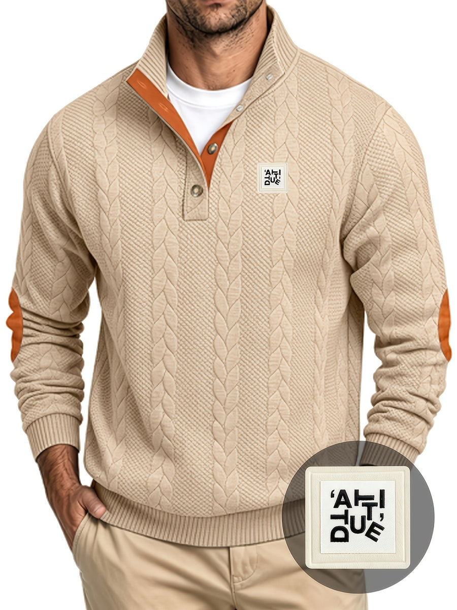 Men'S Casual Long Sleeve Knit Sweater, Textured Cable And Diamond Pattern, Stand Collar with Button Placket, Contrast Elbow Patch Details, Ribbed Cuffs And Hem, Ideal for Fall Winter Work, Travel, Golf And Daily Wear - Khaki