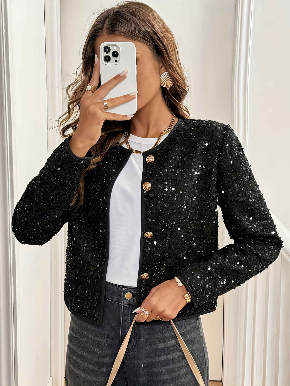 A Short Jacket in Tweed with Sequins, Featuring Golden Buttons, Stylish And Flattering - Black
