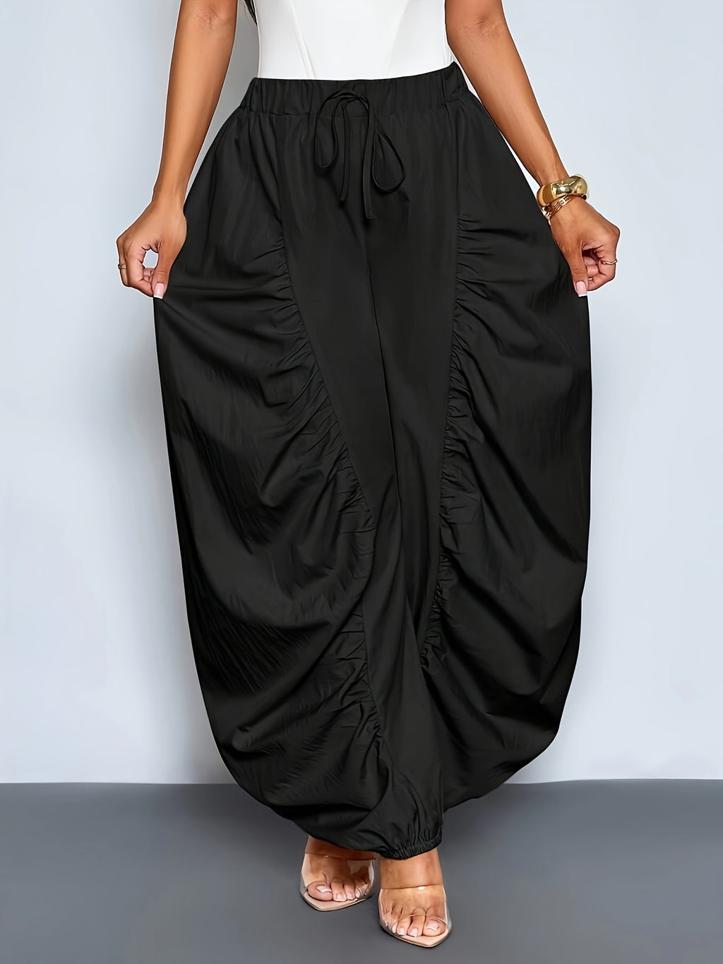 Women'S Fashion Solid Color Loose Casual Trousers, Pleated Design with Elastic Waistband, Wide-Leg Style, All-Season Versatile for Casual Wear Zzy Spring Summer - Black