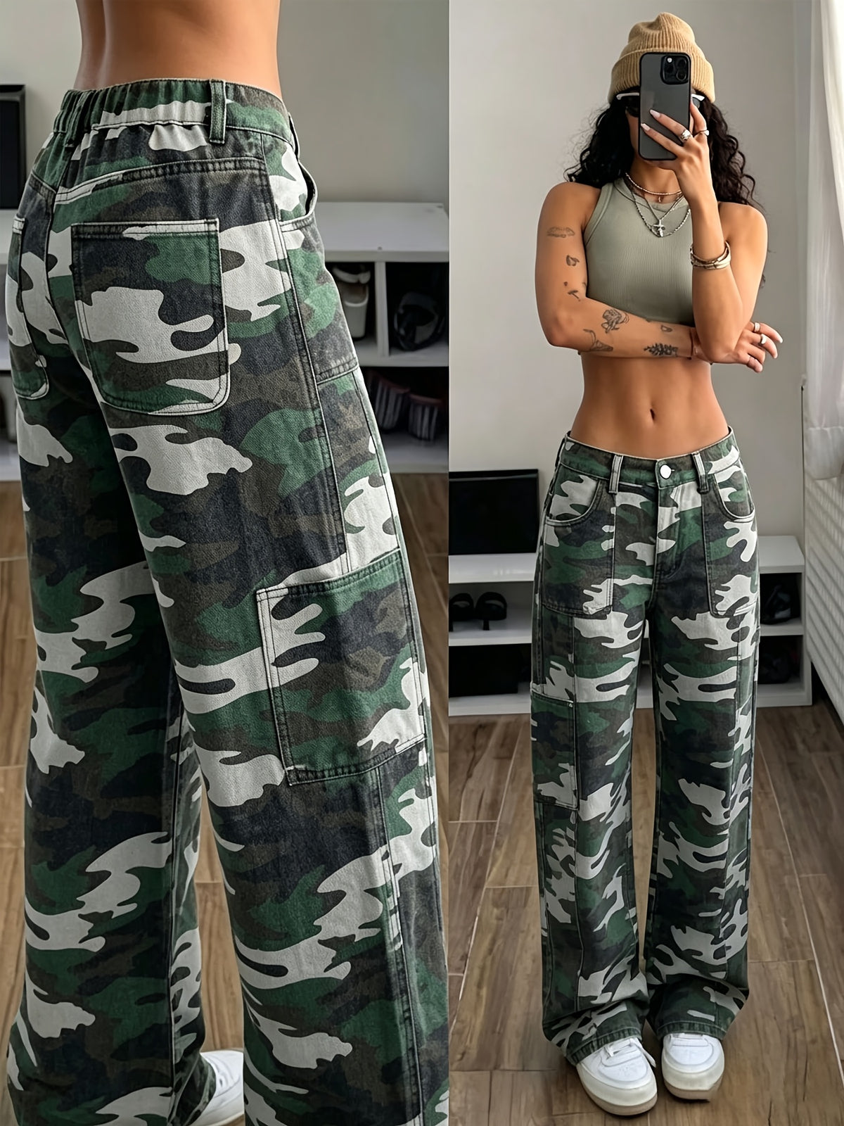 Women's Street Style Camouflage Print Multi-Pocket Denim Pants - Mixed colors
