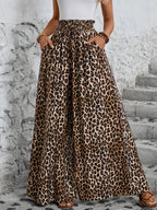 Vacation-style Leopard Print Wide-Leg Pants, Elastic Waist with Drawstring, Flared Casual Trousers with Pockets, Loose Fit Floor-Length Pants, European and American Style Outfit, Summer Solstice - Mixed colors